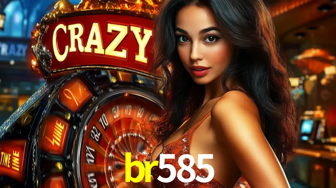Mulher glamourosa olhando para a câmera com a roda vermelha do Crazy Time ao fundo em um ambiente de cassino, destacando a emoção dos jogos ao vivo no br585.