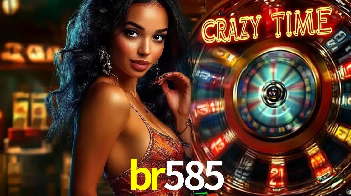 Mulher elegante ao lado da vibrante roda da fortuna do jogo de cassino ao vivo Crazy Time, um dos game shows mais populares e cheios de prêmios do br585.